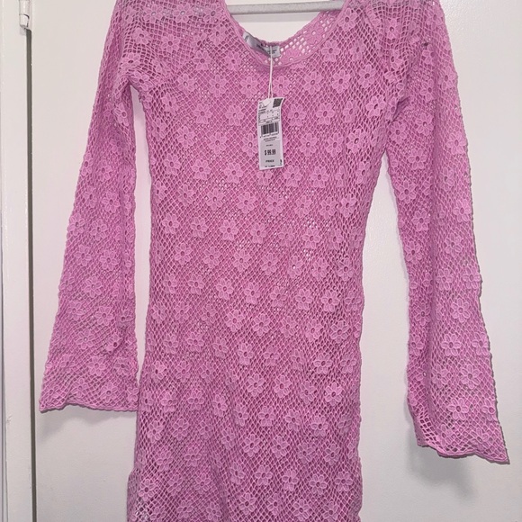 Mango Pink Crochet flower detail Long Sleeve mini dress cover up SMALL - Picture 4 of 4